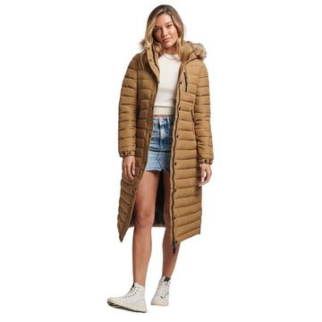 lange, leichte daunenjacke mit kapuze und kuntpelz, damen uperdry