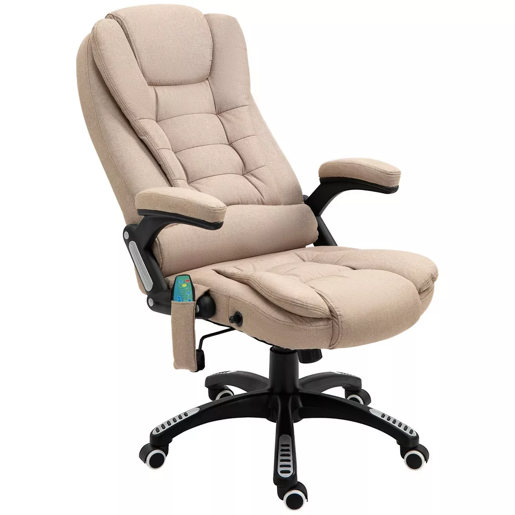 Northio – Bürostuhl mit Vibrationsmassage, Ergonomisch Schreibtischstuhl Heiz-, Liegefunktion, Höhenverstellbar Chefsessel Fernbedienung, Seitentasche, Leinenoptik, Braun