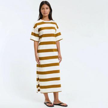 Gestreiftes langes Kleid mit Schulterknöpfen und kurzen Ärmeln