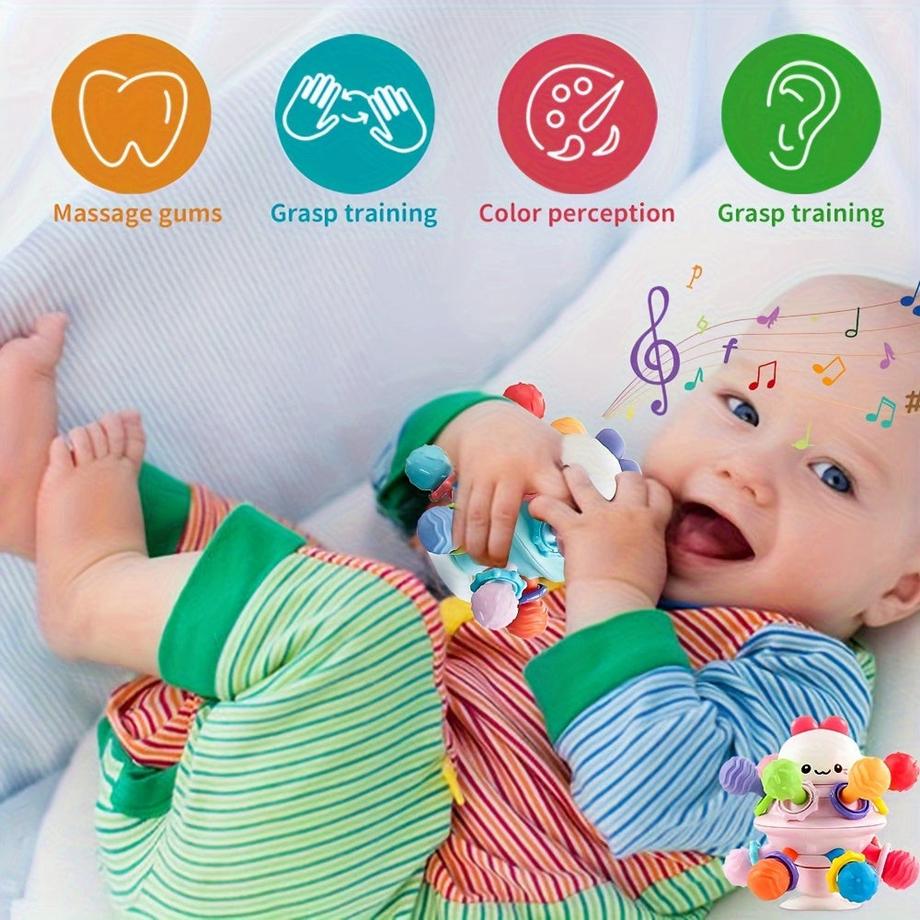 Activity-board  Jouet d'éveil en caoutchouc souple avec clochette, pour la motricité fine et l'éveil sensoriel. 