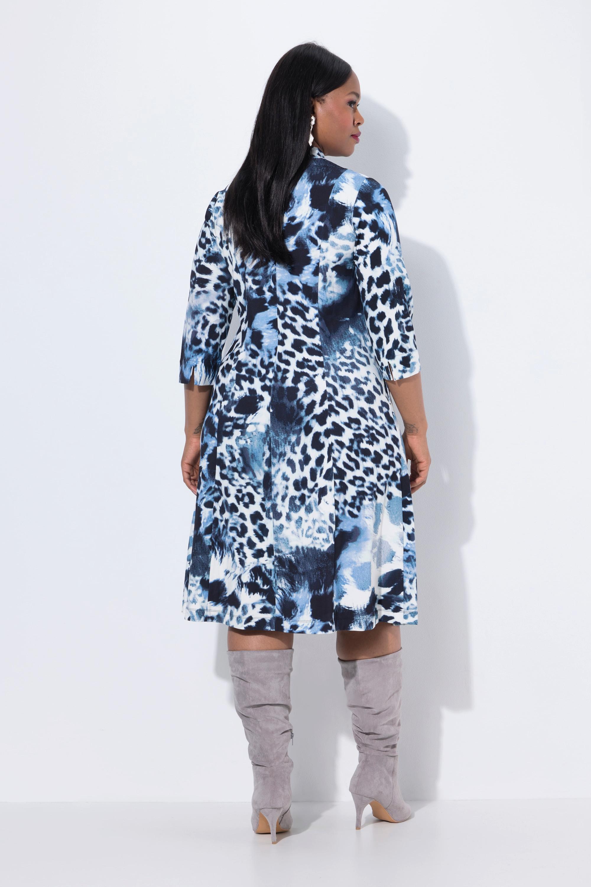 Ulla Popken Robe Punto Imprimé Léopard Col Jabot Manches 3/4  