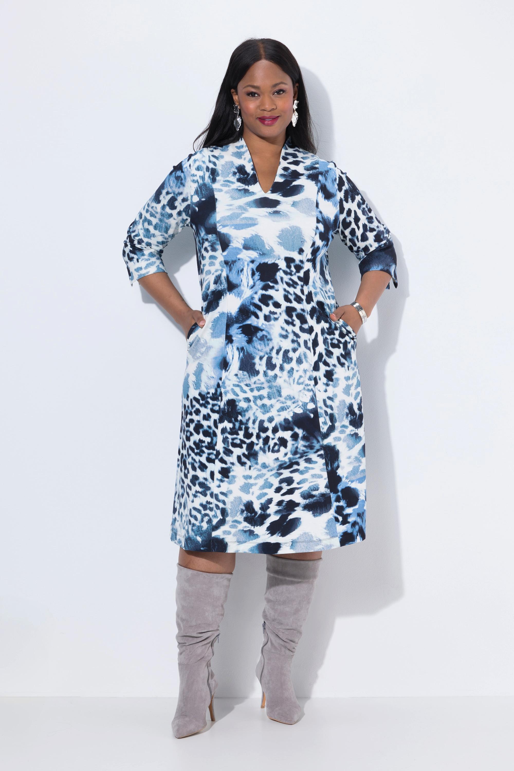 Ulla Popken Robe Punto Imprimé Léopard Col Jabot Manches 3/4  