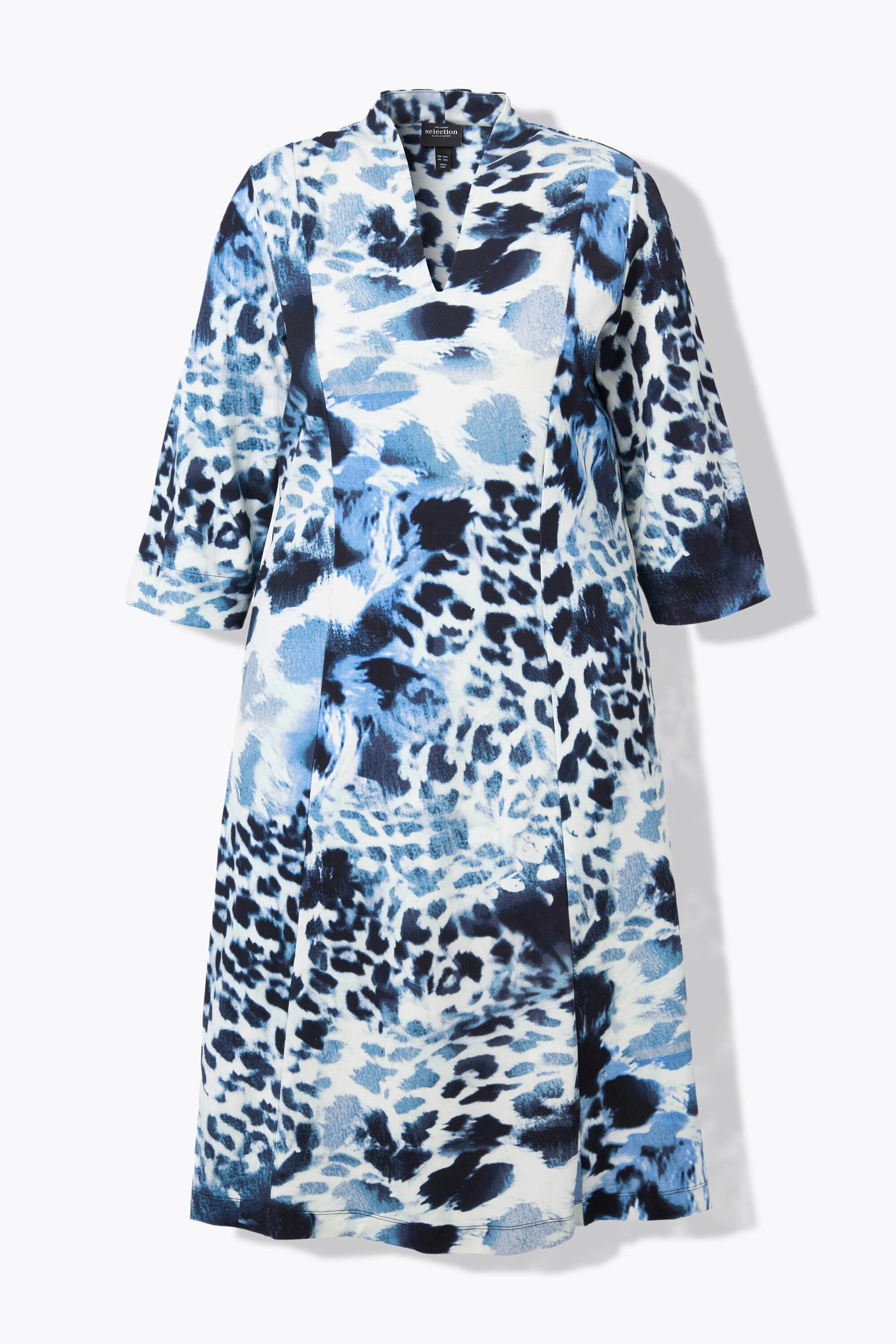 Ulla Popken Robe Punto Imprimé Léopard Col Jabot Manches 3/4  