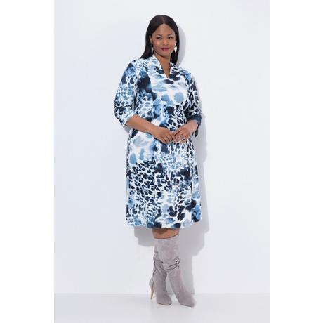 Ulla Popken Robe Punto Imprimé Léopard Col Jabot Manches 3/4  