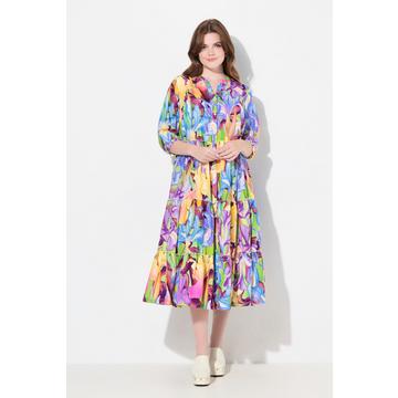 Robe midi avec boutons, col montant et décolleté en V, manches 3/4