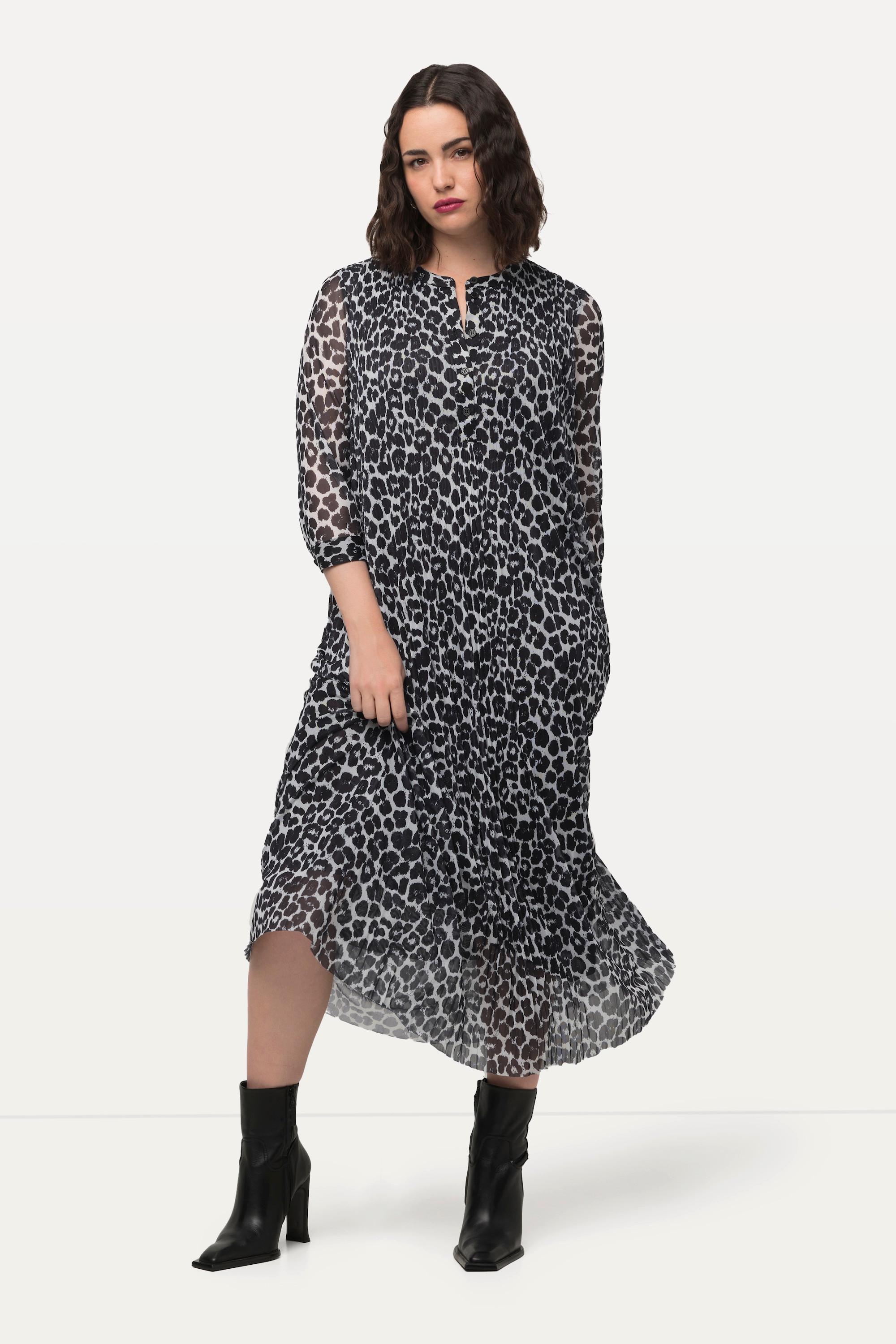 Ulla Popken  Abito maxi di mesh a doppio strato con fantasia leopardata, scollo a girocollo e maniche lunghe 