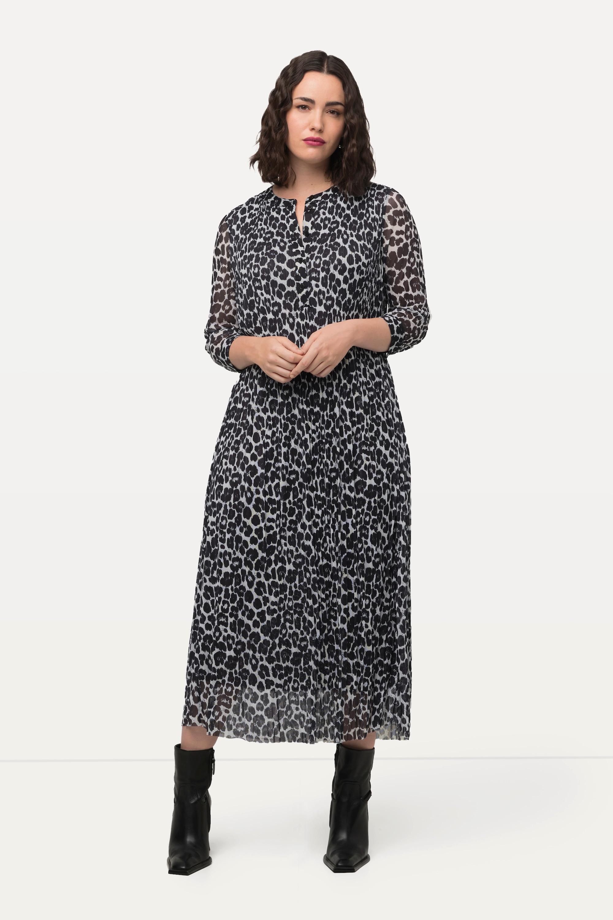 Ulla Popken  Robe maxi en mesh à col rond et manches longues, motif léopard, deux couches 