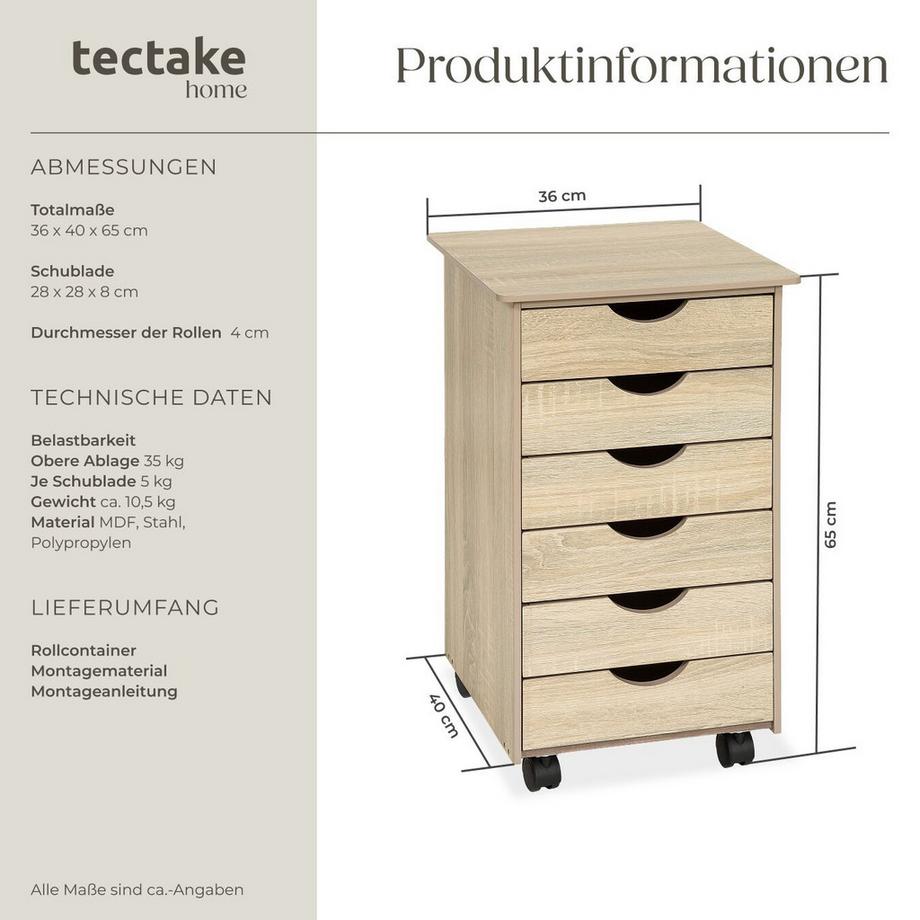 Tectake Rollcontainer  aus Holz mit 6 Schubladen  