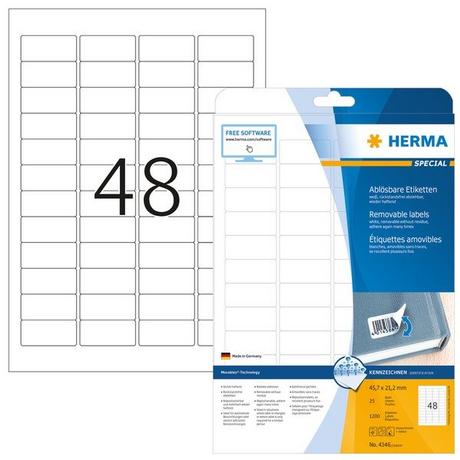 HERMA Herma 4346 Etichette 45.7 x 21.2 mm Carta Bianco 1200 pz. Staccabile Etichetta universale Inchiostro, Laser  