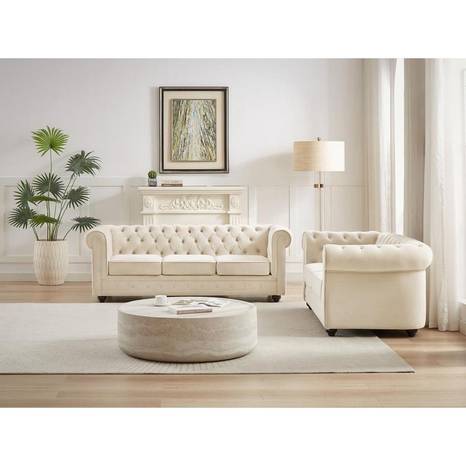 Vente-unique Canapé 3 places et fauteuil en velours beige CHESTERFIELD  