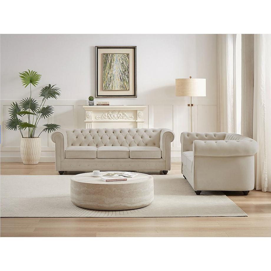 Vente-unique Canapé 3 places et fauteuil en velours beige CHESTERFIELD  