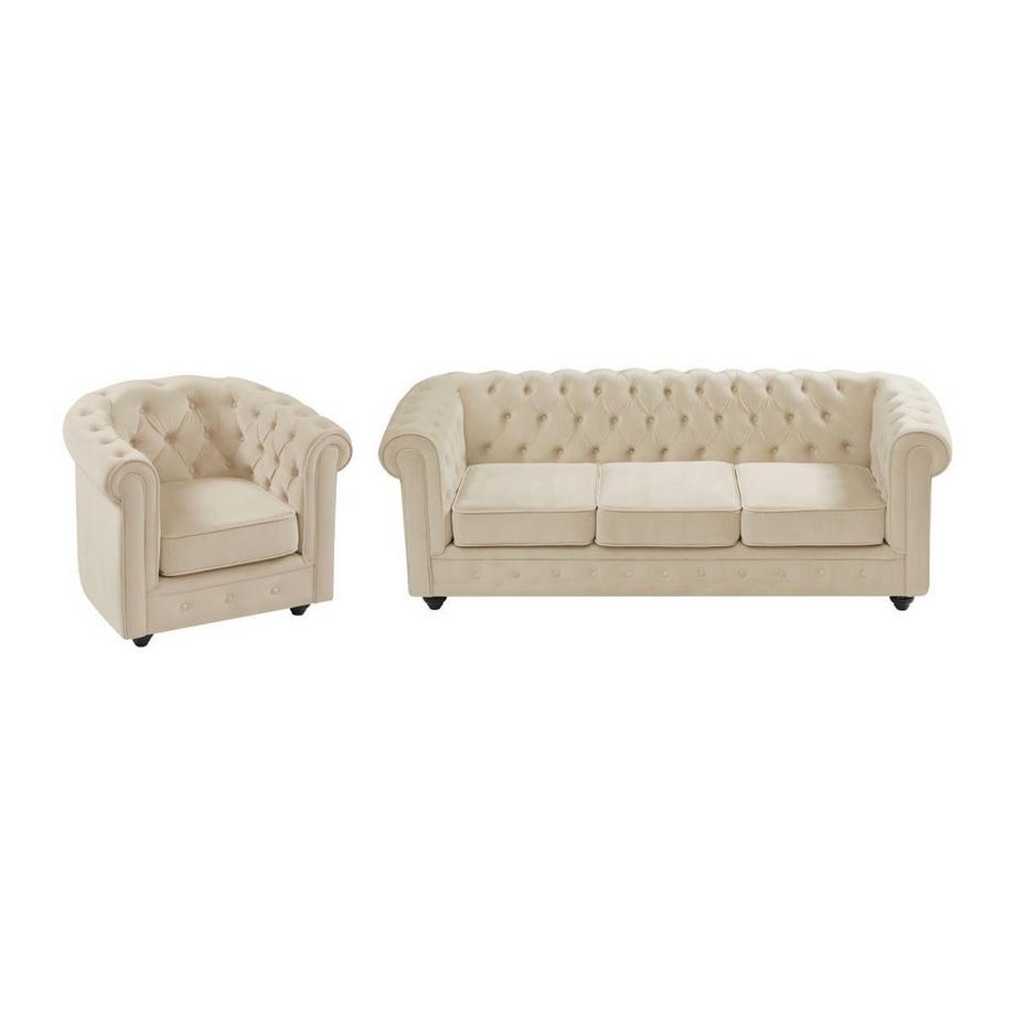 Canapé 3 places et fauteuil en velours beige CHESTERFIELD