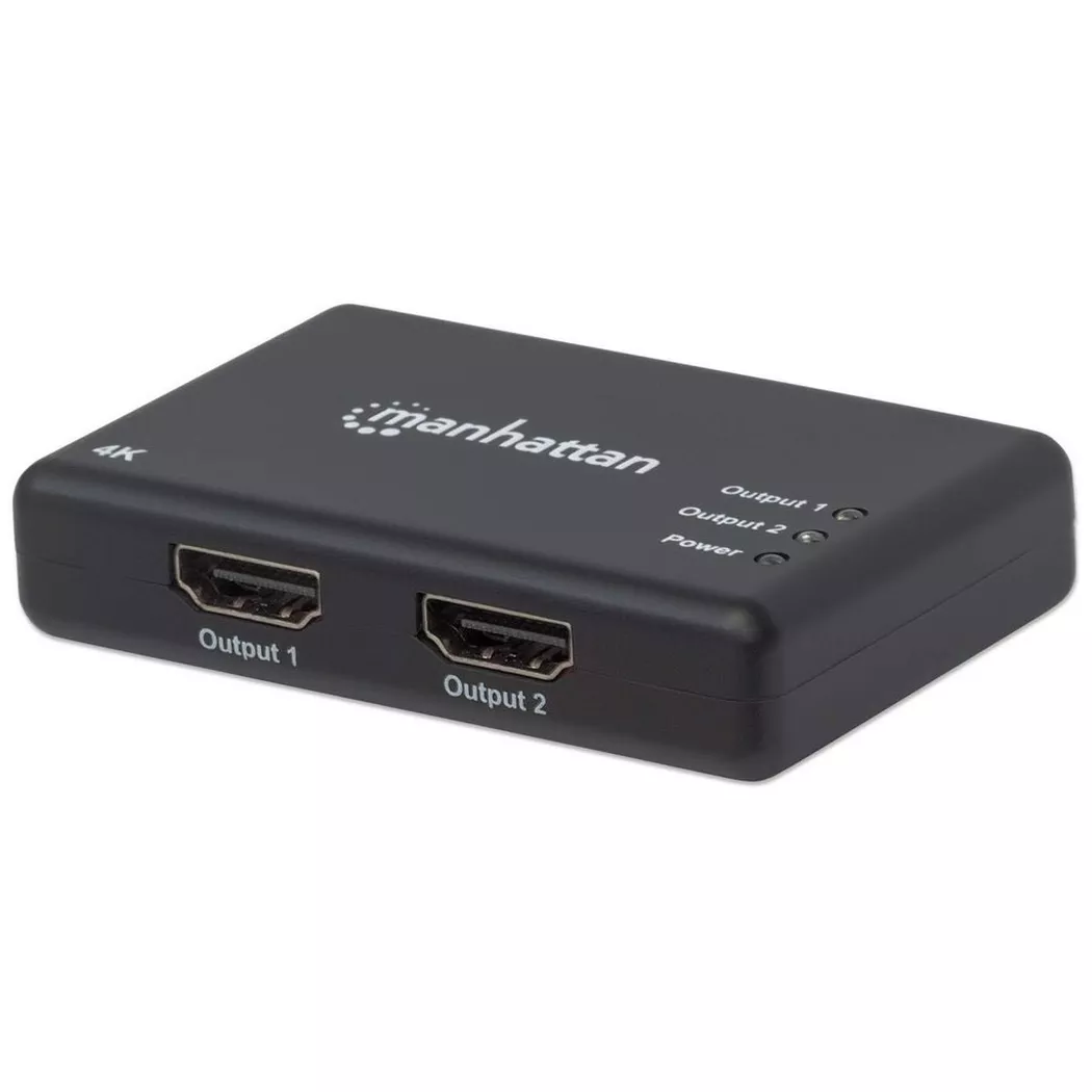 Manhattan Splitter HDMI 2 ports, 4K@30 Hz, duplique le signal d’une source HDMI vers 2 écrans (même signal sur les deux), alimentation secteur (câble de 0,9 m), noir, garantie de 3 ans