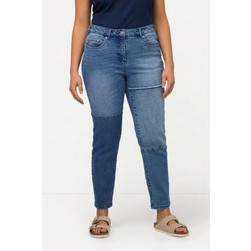 Jean Sarah, patches, coupe étroite à 5 poches, mélange de denims