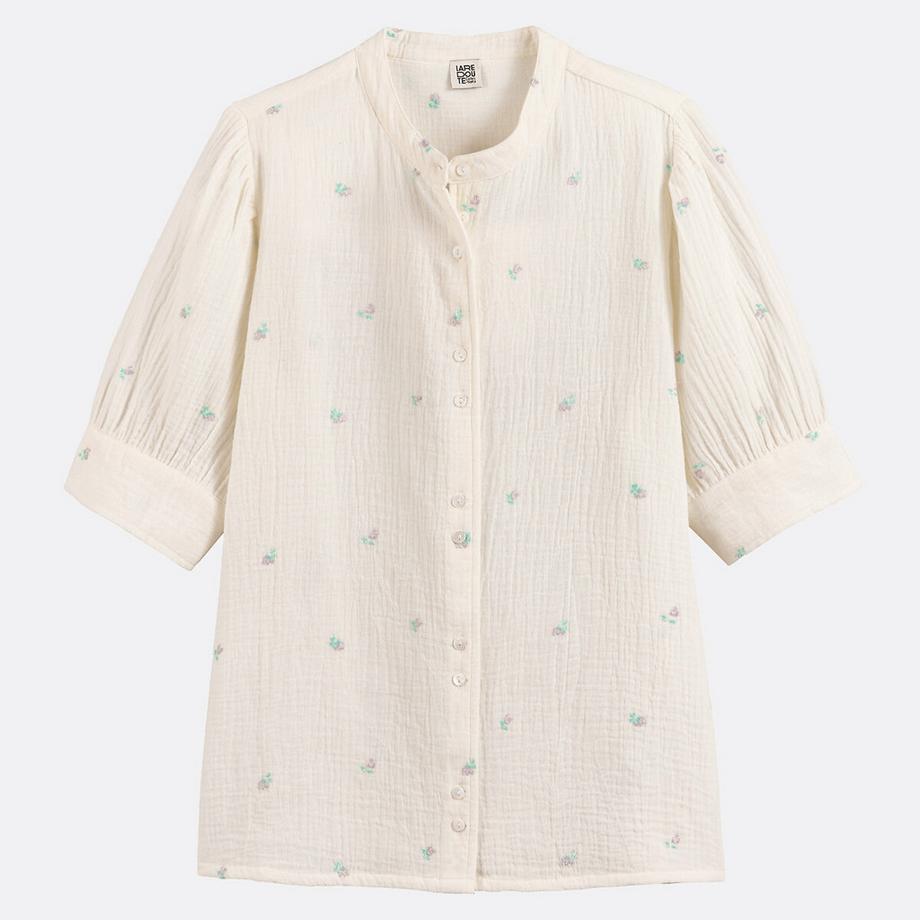 La Redoute Collections Bluse Rundhals Blumenstickerei 3/4-Ärmel  