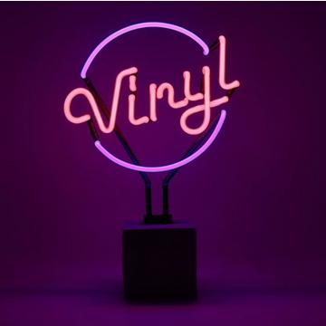 Lampe de table en verre néon avec socle en béton - Vinyle Violet