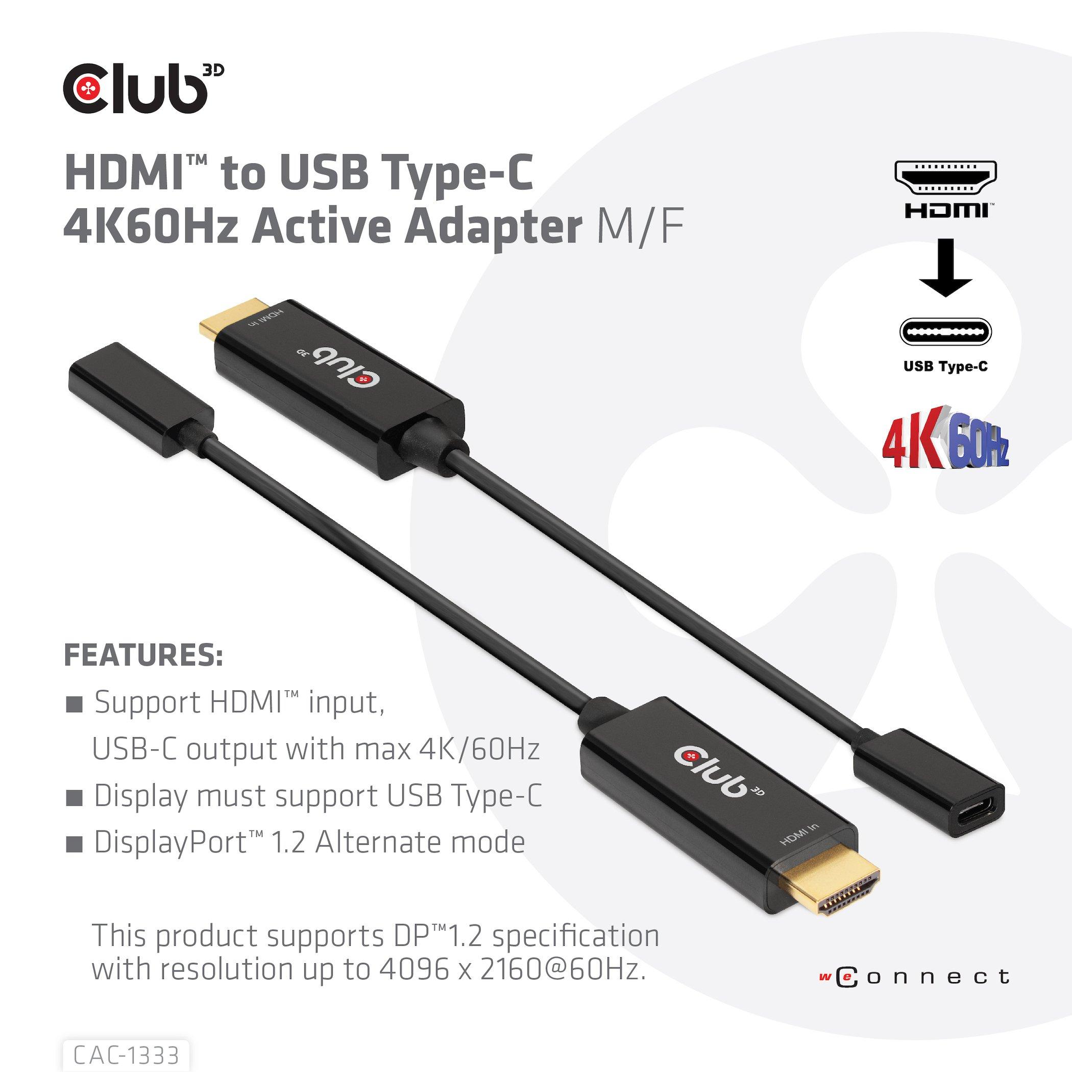 Club3D  CLUB3D CAC-1333 câble vidéo et adaptateur 0,22 m HDMI Type A (Standard) USB Type-C Noir 