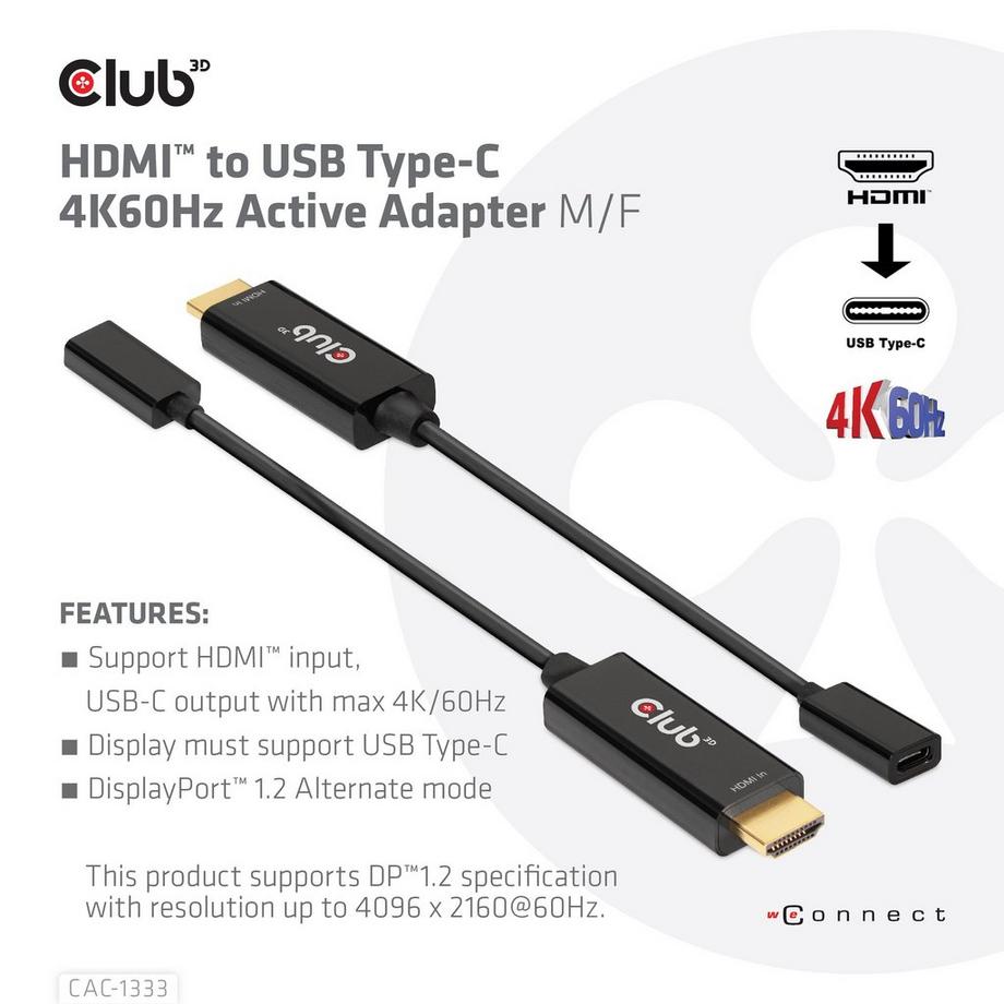 CLUB 3D  CLUB3D CAC-1333 cavo e adattatore video 0,22 m HDMI tipo A (Standard) USB tipo-C Nero 