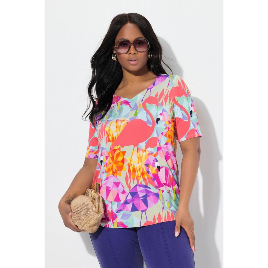 Ulla Popken Maglia Slinky Mezza Manica Stampa Fenicottero  