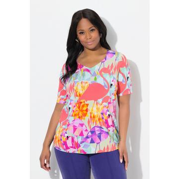 Maglia in tessuto fluente con fenicotteri, scollo a cuore e mezze maniche