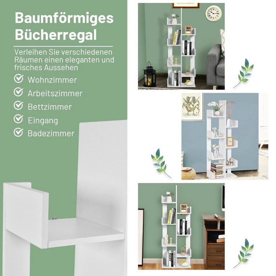 Northio Bücherregal im Baumform mit 8 Fächern Standregal Aufbewahrungsregal 50 x 25 x 145 cm Weiß  