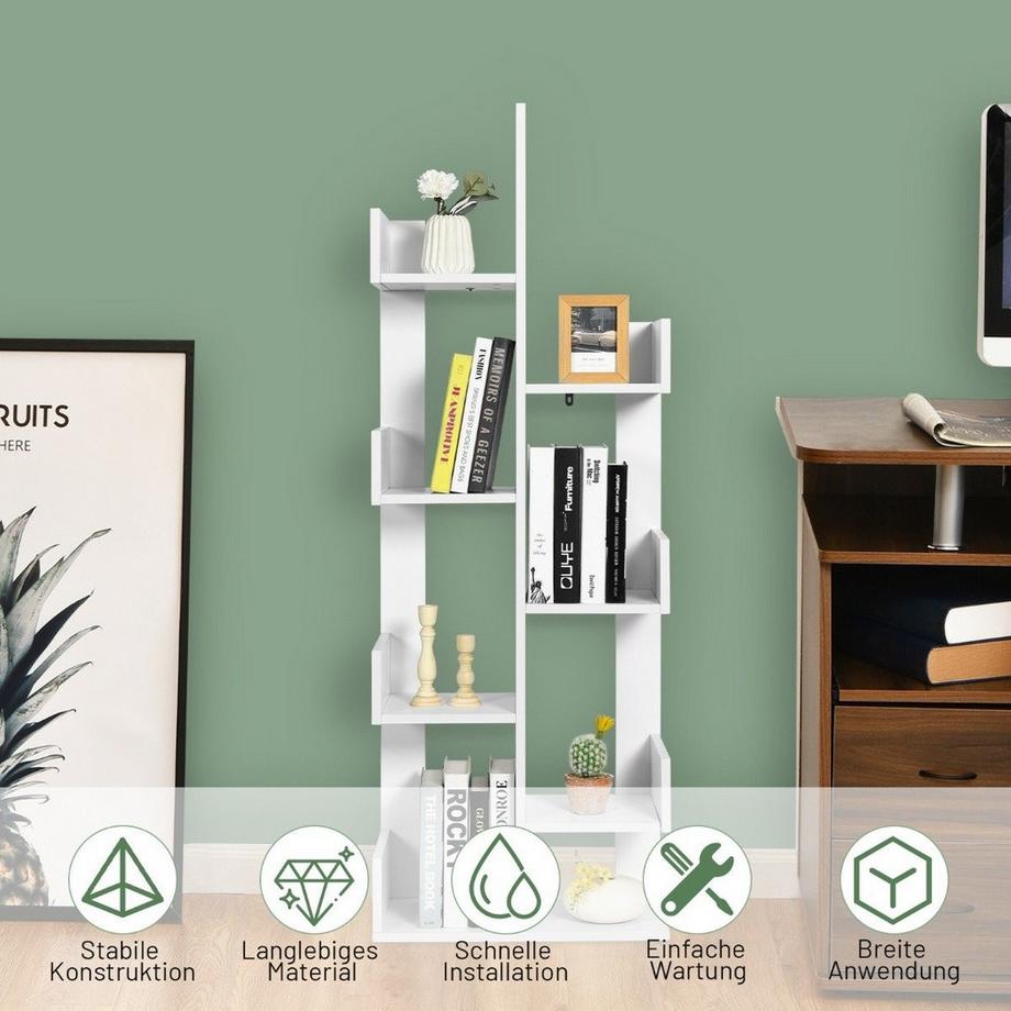 Bücherregal im Baumform mit 8 Fächern Standregal Aufbewahrungsregal 50 x 25 x 145 cm Weiß