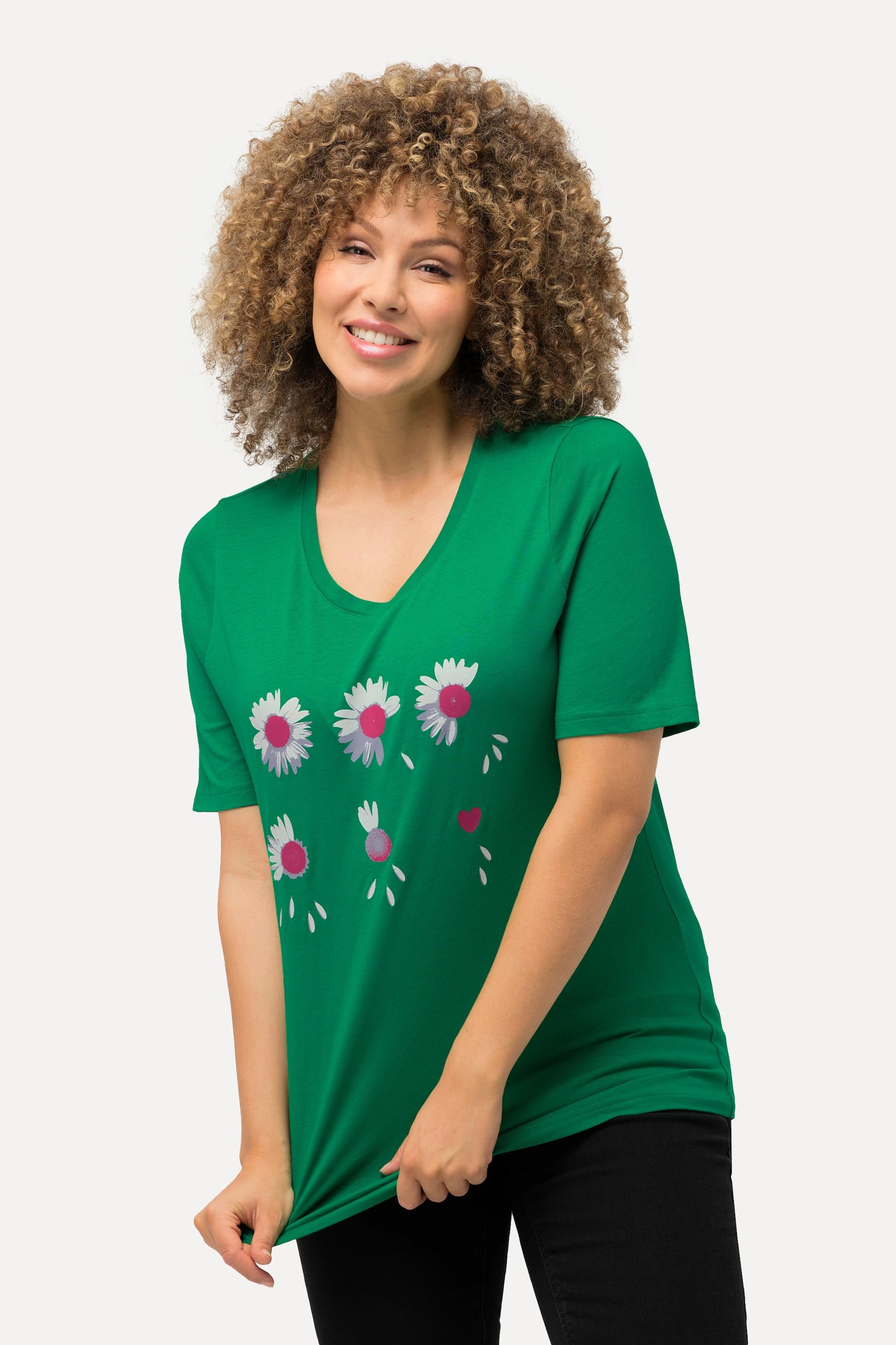 Ulla Popken  T-shirt classica con fiori, scollo a girocollo e mezze maniche 