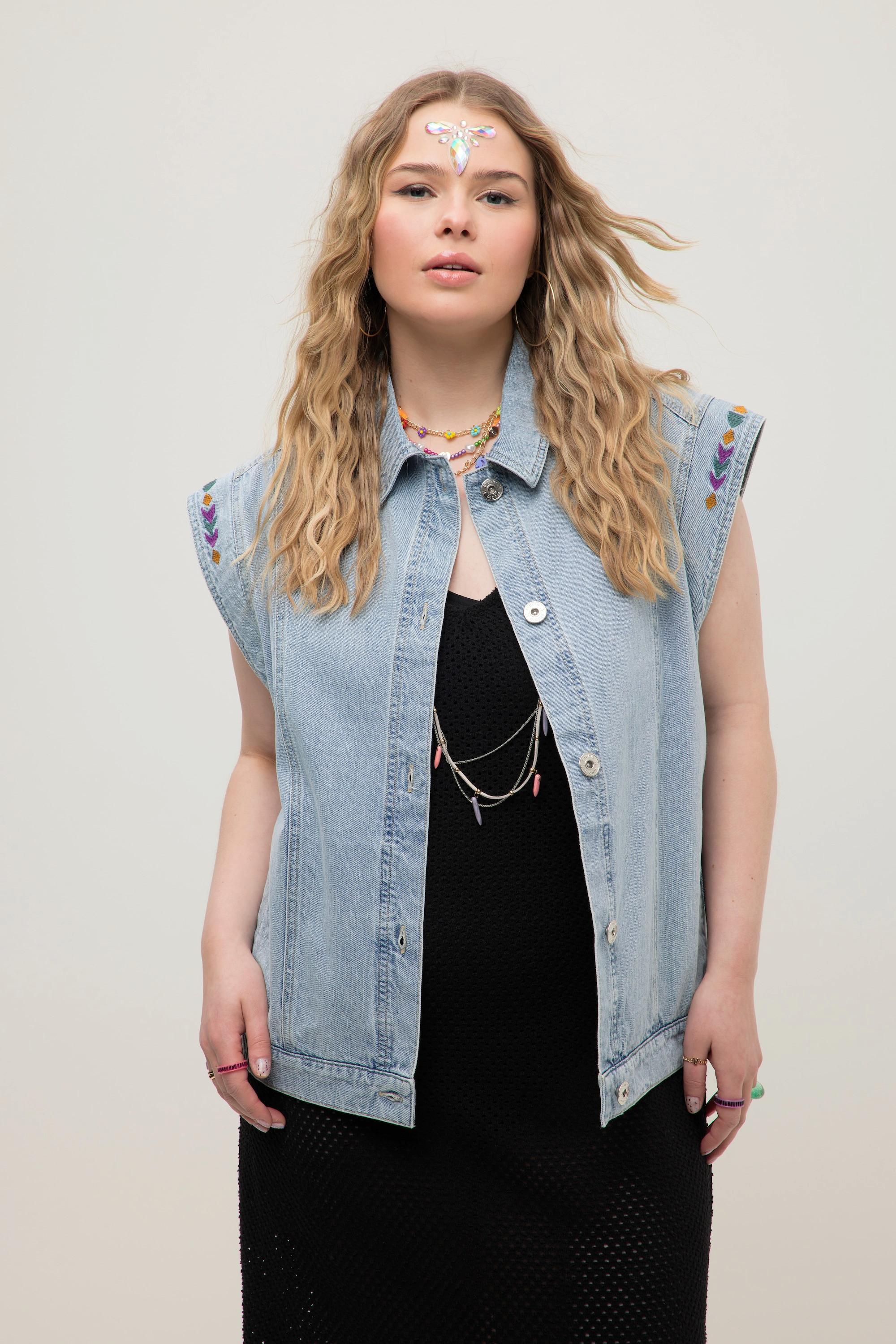 Studio Untold  Gilet di jeans dal taglio oversize con fascia di ricami e orlo elastico 