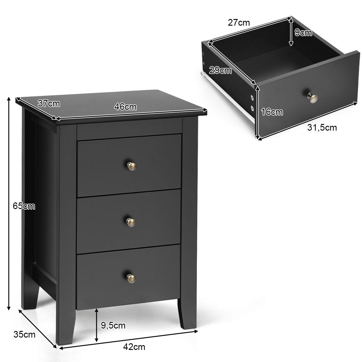 Northix Table de chevet avec 3 tiroirs pour lit à sommier tapissier 46 x 37 x 65 cm noir  
