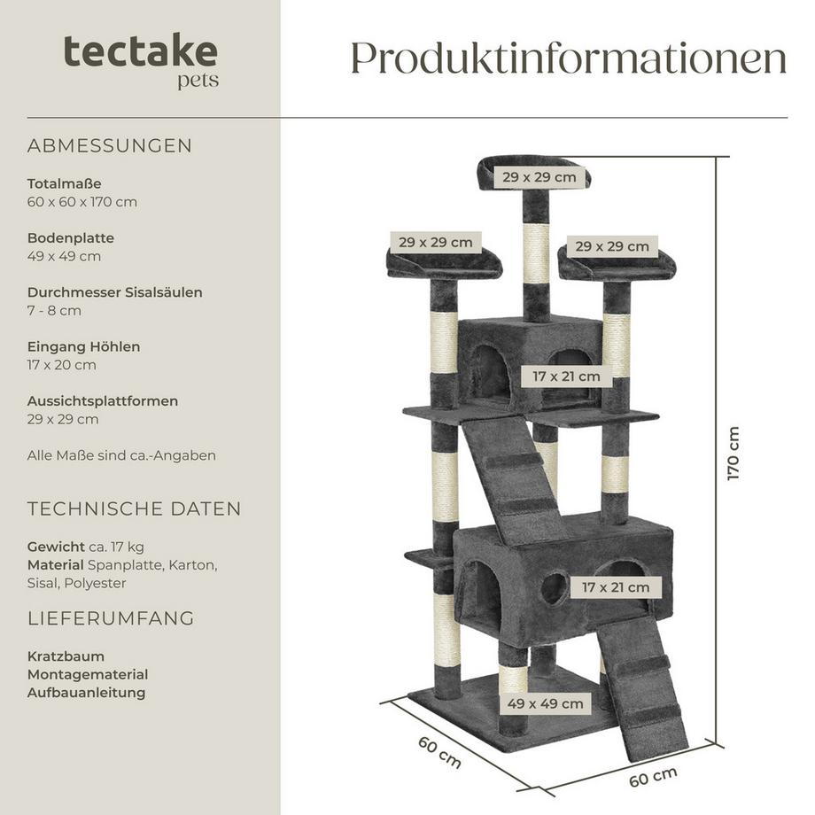 Tectake  Arbre à chat MOGLI 170 cm avec griffoir et plateforme d'escalade 