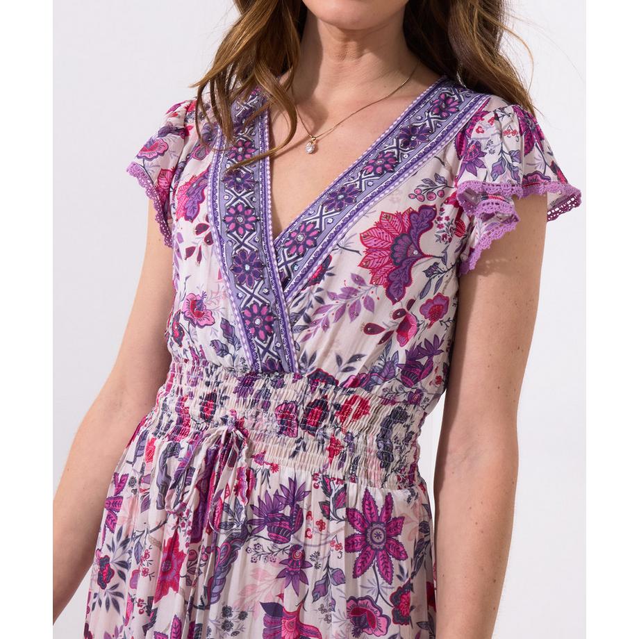 Joe Browns Robe Col V Imprimé Floral avec Pompons  