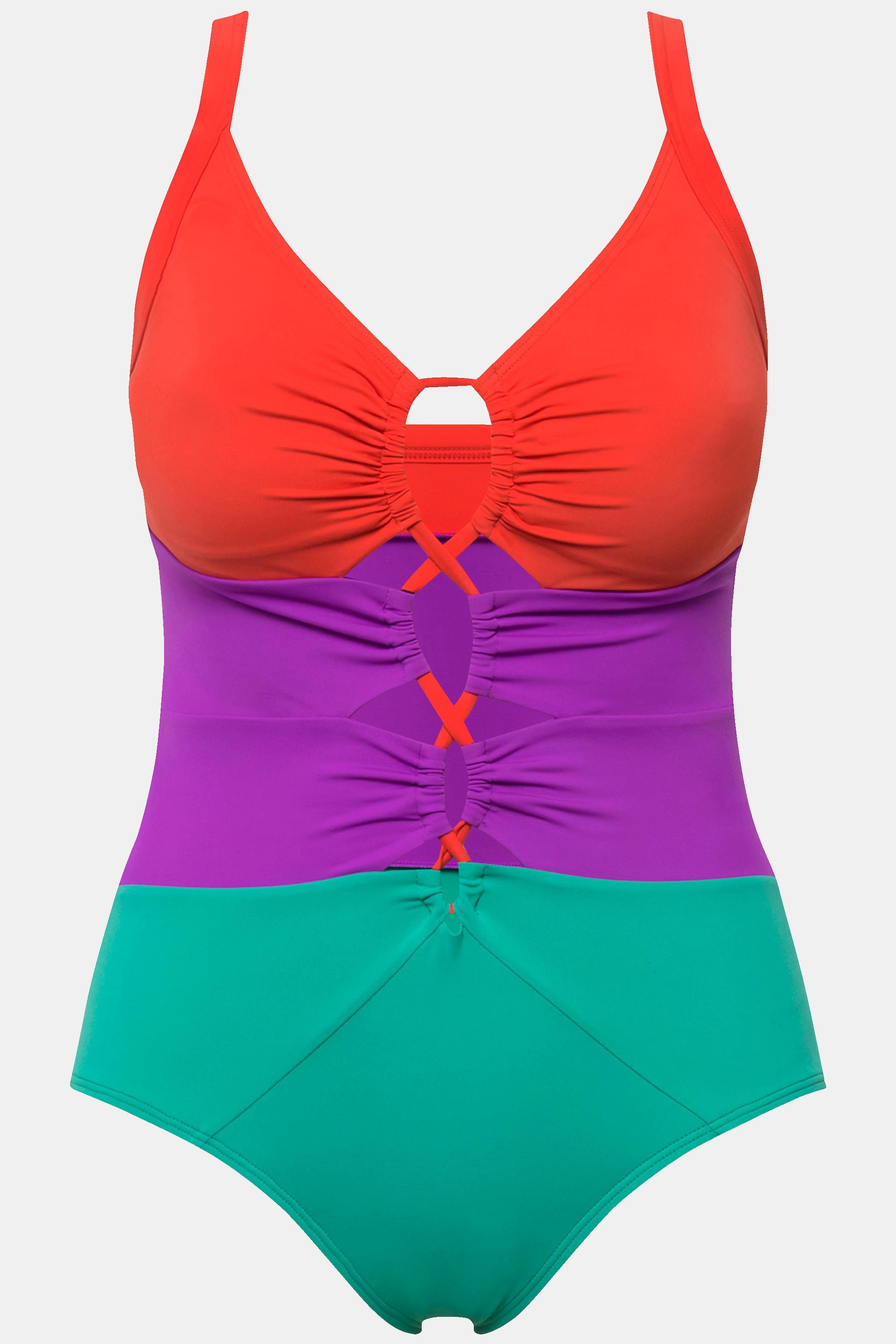 Ulla Popken  Maillot de bain esprit colour block, bonnets souples. Matière recyclée et découpes. 