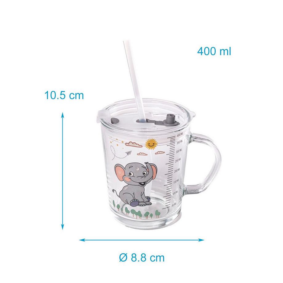 Intirilife Intirilife Kinder Trinkbecher transparent mit Deckel, Skala und Strohhalm mit Elefant Design  