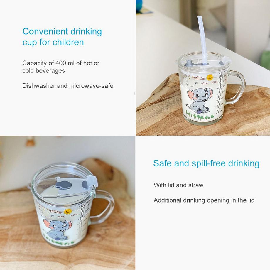 Intirilife Intirilife Kinder Trinkbecher transparent mit Deckel, Skala und Strohhalm mit Elefant Design  