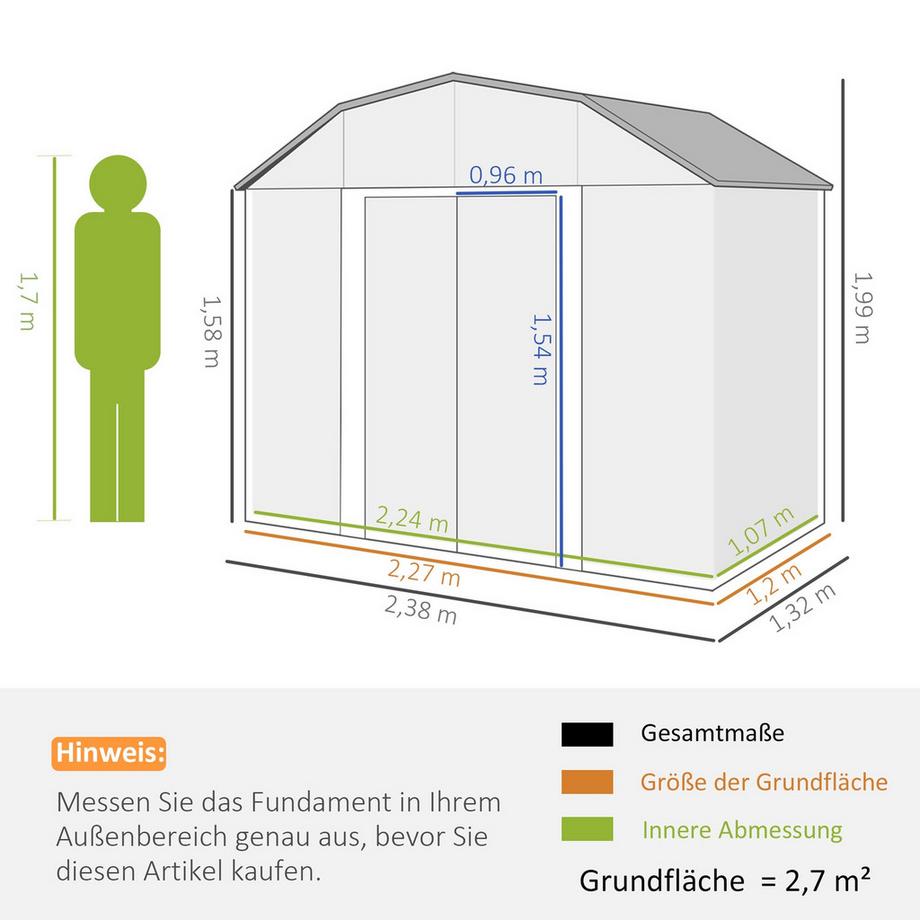 Northio Gerätehaus Stahl 2,7M² Geräteschuppen Uv-Schutz Gartenschrank 2 Schiebetüren Regal Fundament Dunkelgrau 238X132X198,5Cm  