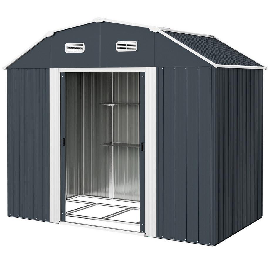 Northio Gerätehaus Stahl 2,7M² Geräteschuppen Uv-Schutz Gartenschrank 2 Schiebetüren Regal Fundament Dunkelgrau 238X132X198,5Cm  