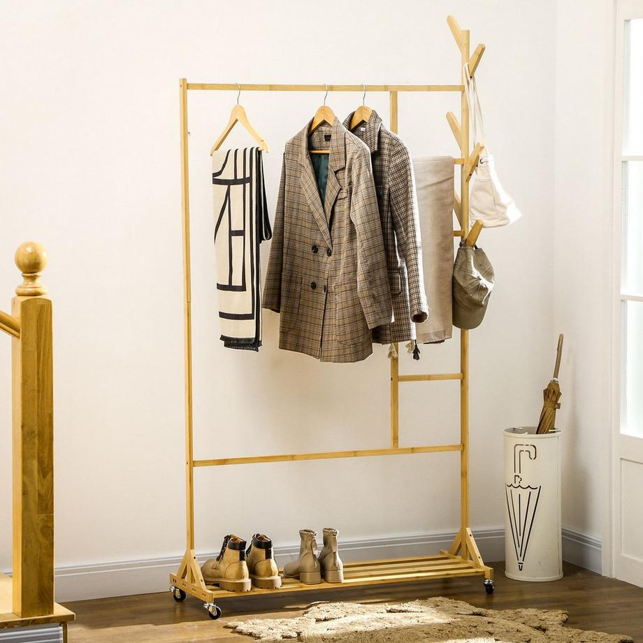 Northio  Kleiderständer Garderobenständer Mit Haken, Hängeschiene & Regal, Auf Rollen, Aus Bambus, Natur 