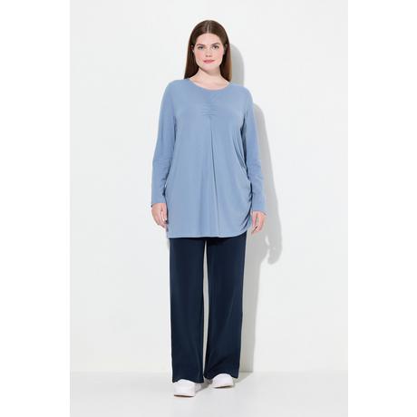 Ulla Popken  T-shirt long en coton bio, avec drapé, col rond et manches longues 