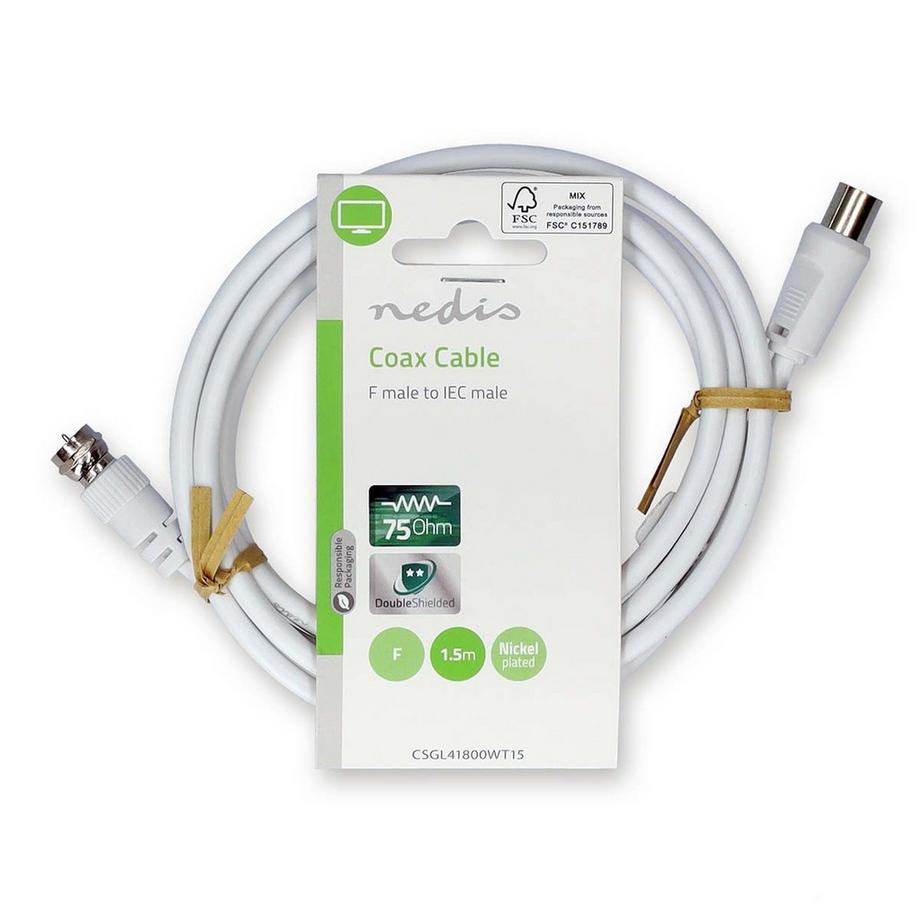 Nedis  Satelliten- & Antennenkabel | F Stecker | IEC (Koax) Stecker | Vernickelt | 75 Ohm | Doppelt geschirmt | 1,50 m | Rund | PVC | Weiß | Etikett 