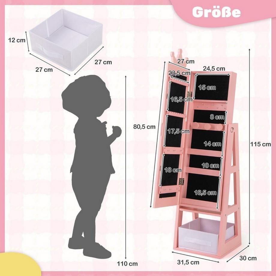 Northix Kinder Schmuckschrank 3 in 1 Spiegelschrank neigbar mit Ganzkörperspiegel Rosa  