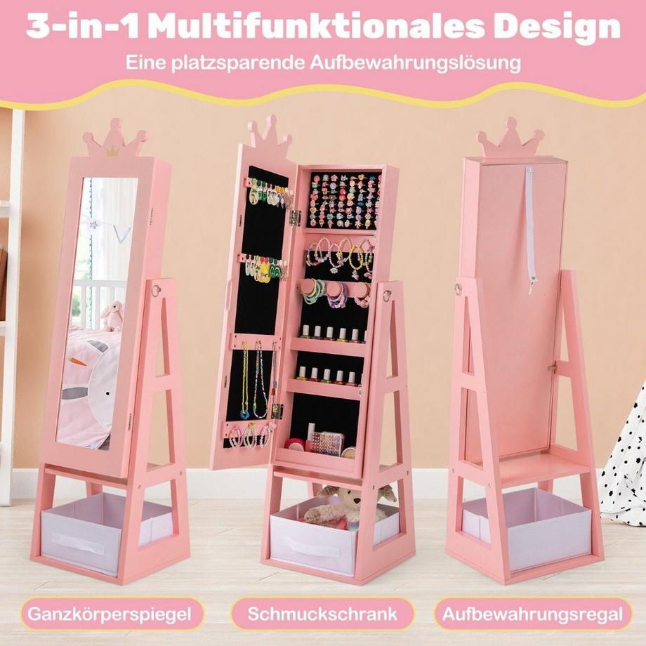 Kinder Schmuckschrank 3 in 1 Spiegelschrank neigbar mit Ganzkörperspiegel Rosa