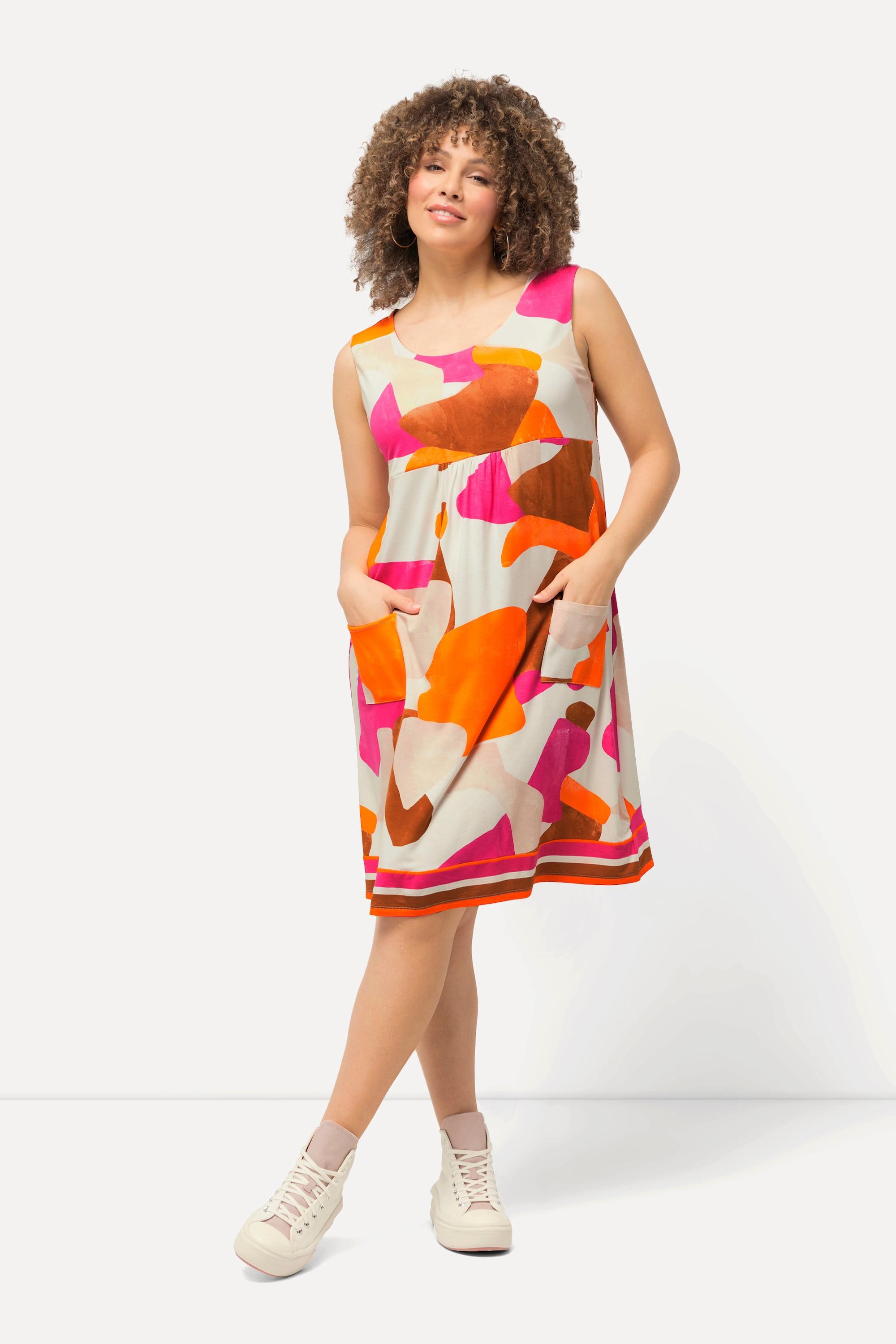 Ulla Popken Minikleid Grafischer Druck A-Linie Rundhals Ärmellos  