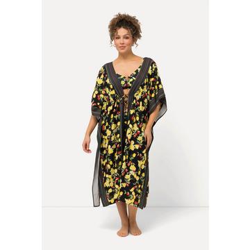 Caftan à motif citrons. Frise, encolure en V et manches courtes