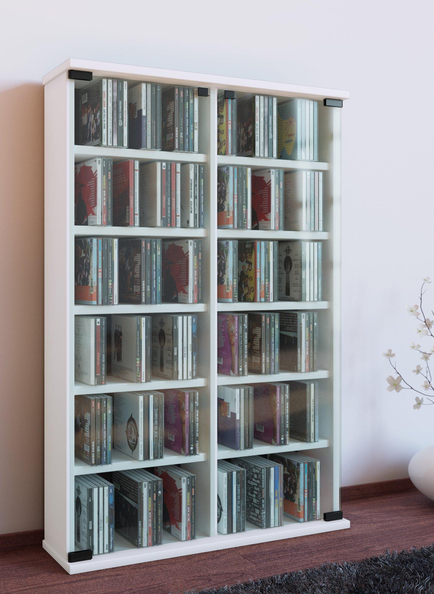 VCM CD Regal Holz | CD Schrank mit ESG-Sicherheitsglastüren für 300 CDs oder 130 DVDs oder 72-Videos| Maße: H. 92 x B. 60 x T. 18 cm | Elegantes DVD Regal  