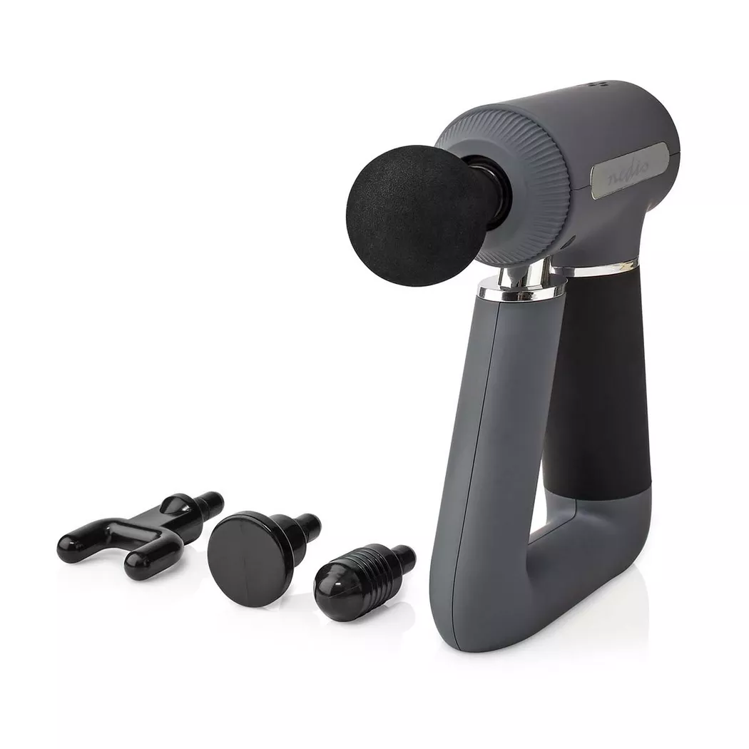 Nedis - Sport-Massagepistole | Batteriebetrieben | Eingebautes Lithium-Ion | Wiederaufladbar | 6 Massage-Modi | USB-Kabel | Grau, One Size, Schwarz