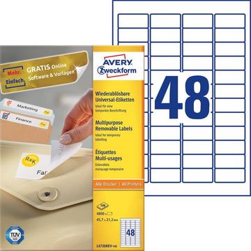 Avery Zweckform Universal-Etiketten, ablösbar, A4, 45.7 x 21.2 mm, 100 Bogen/4.80 Etiketten