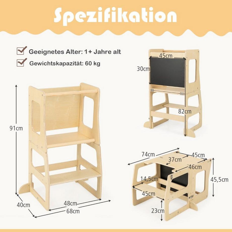 Northix  Tour d'apprentissage pour enfants 3 en 1, escabeau pliant, tableau noir et ensemble de table pour enfants à partir de 1 an, tour debout naturel 