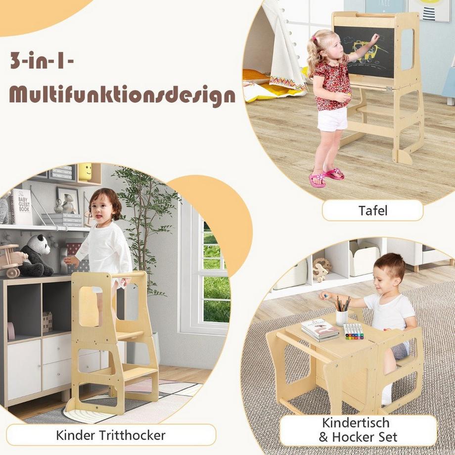 Northix  Tour d'apprentissage pour enfants 3 en 1, escabeau pliant, tableau noir et ensemble de table pour enfants à partir de 1 an, tour debout naturel 