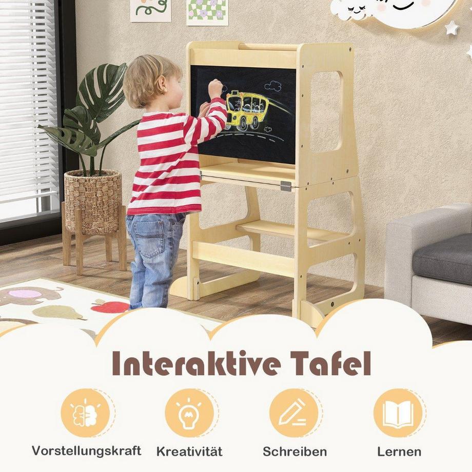 Northix  Tour d'apprentissage pour enfants 3 en 1, escabeau pliant, tableau noir et ensemble de table pour enfants à partir de 1 an, tour debout naturel 