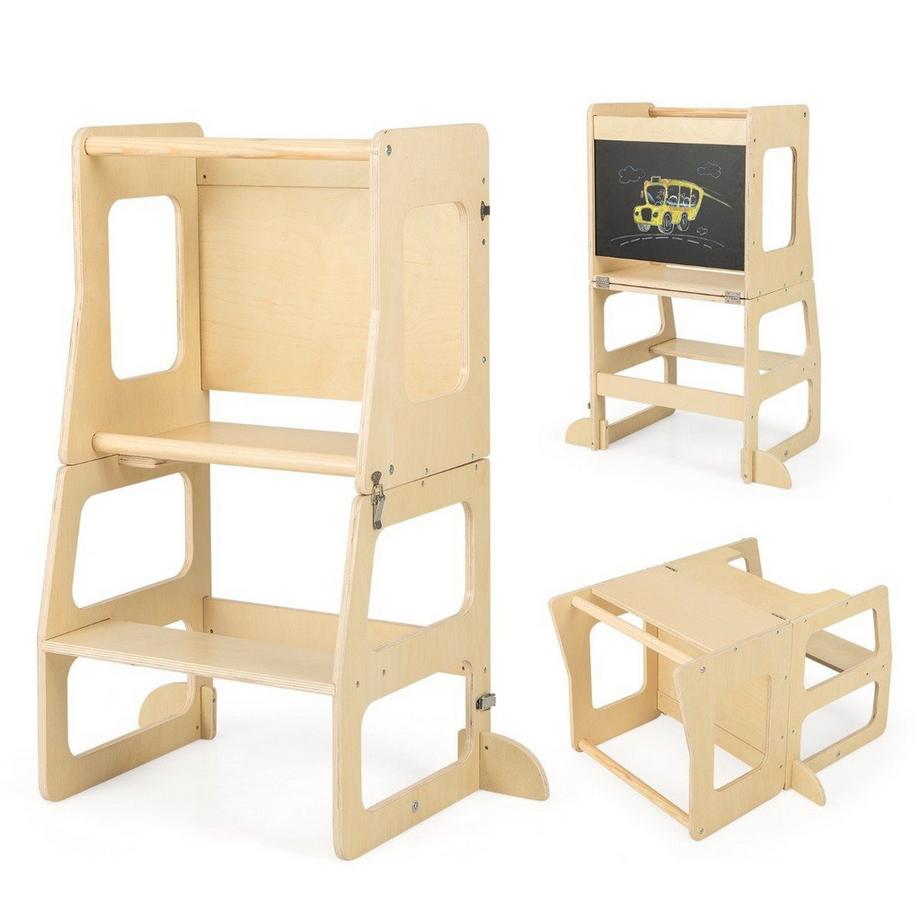 Northix  Tour d'apprentissage pour enfants 3 en 1, escabeau pliant, tableau noir et ensemble de table pour enfants à partir de 1 an, tour debout naturel 